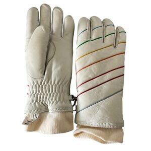 VTG Saranac Ladies L White Leather‎ Rainbow Stripe Thinsulate Ski Winter Gloves
